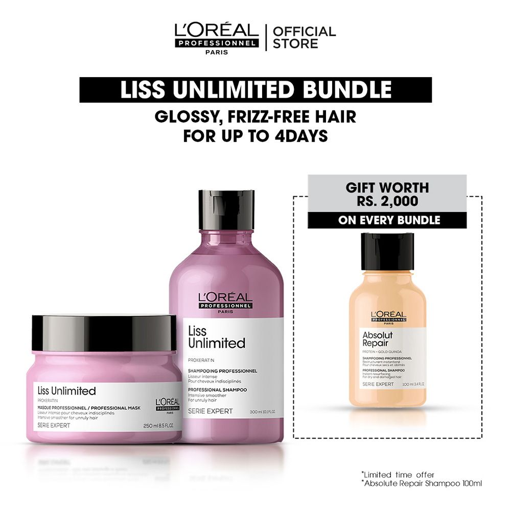 L'Oreal Professionnel Liss Unlimited Bundle, 300ml Shampoo & 250ml Mask For Frizzy and Unruly Hair + Free 100ml Pro Longer Shampoo