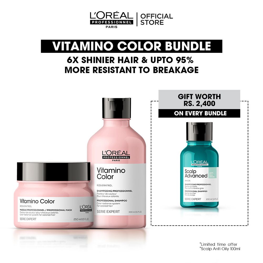 L'Oreal Professionnel Vitamino Color 300ml Shampoo + 250ml Mask + Free Scalp Advanced Anti-Gras Oiliness Shampoo 100ml