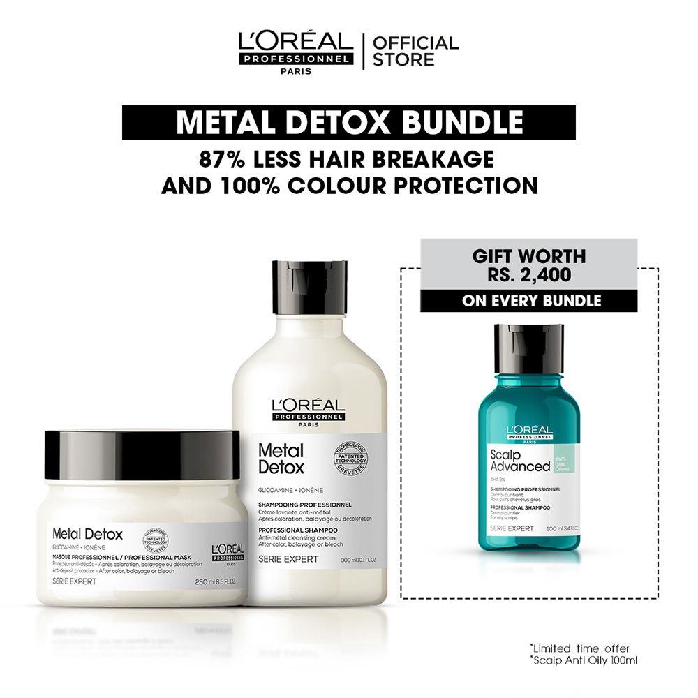 L'Oreal Professionnel Metal Detox 300ml Shampoo + 250ml Mask + Free Scalp Advanced Anti-Gras Oiliness Shampoo 100ml