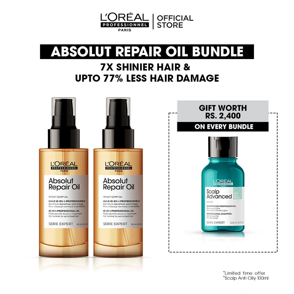 L'Oreal Professionnel Absolut Repair Hair Serum 90ml x2 + Free Scalp Advanced Anti-Gras Oiliness Shampoo 100ml