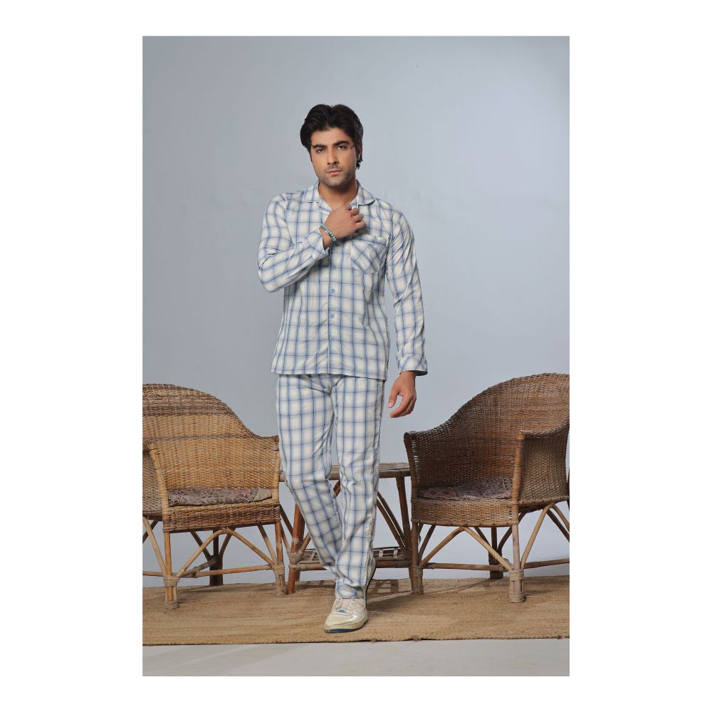 Basix Men’s Yarn Dyed Sky Blue & Off-White Plaid Checks Loungewear, 2-Pack Set, LW-820