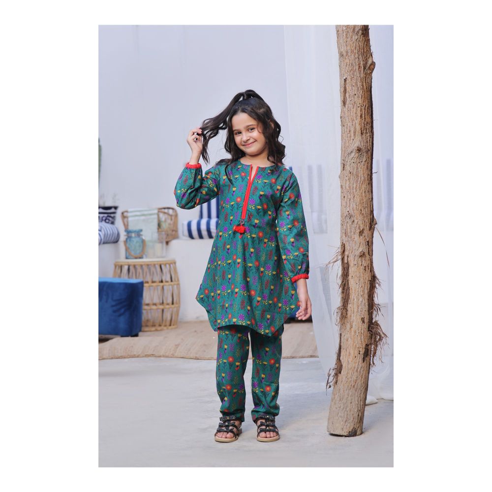 Basix Girls Dark Green Red & Purple Flora Cotton Cambric, 2 Piece - Shirt & Trouser, GRL-160