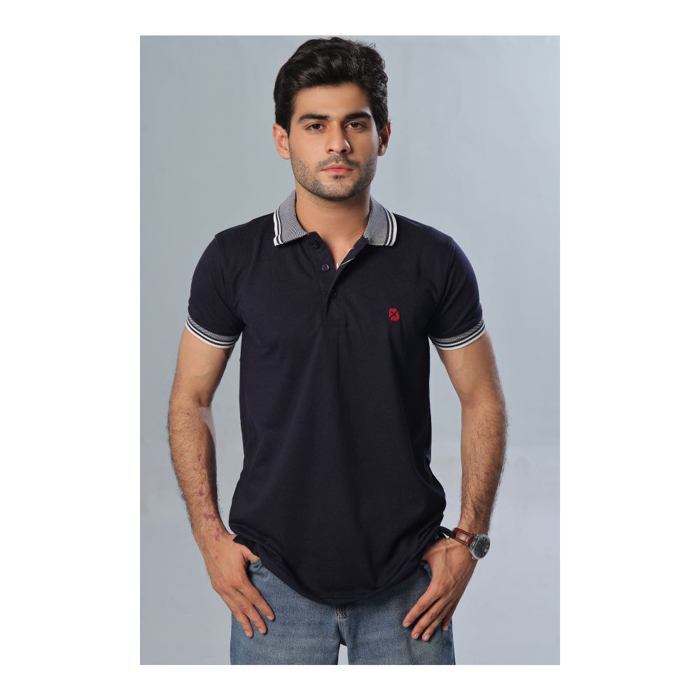 Basix Men's Navy Blue Textured Jacquard Collar Polo With Embroidered Logo, MPS -102