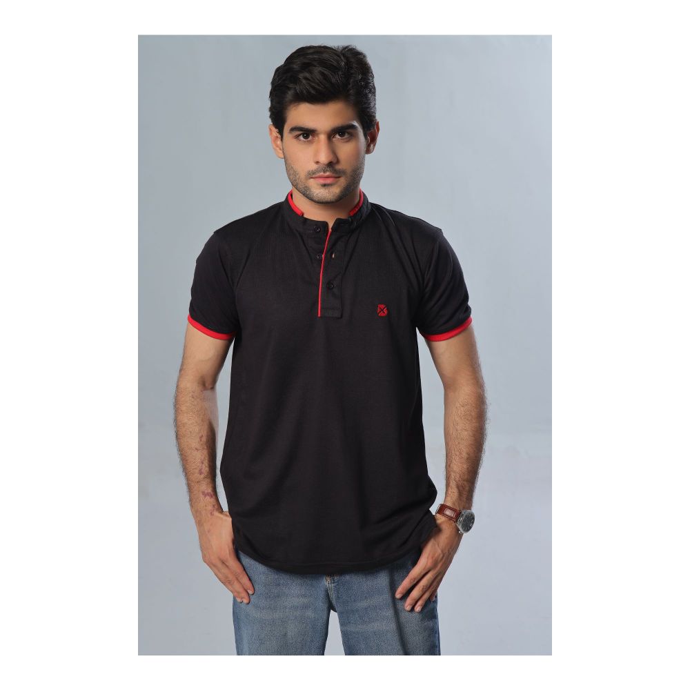 Basix Men's Black Band Collar Polo With Embroidered Logo, MPS -103