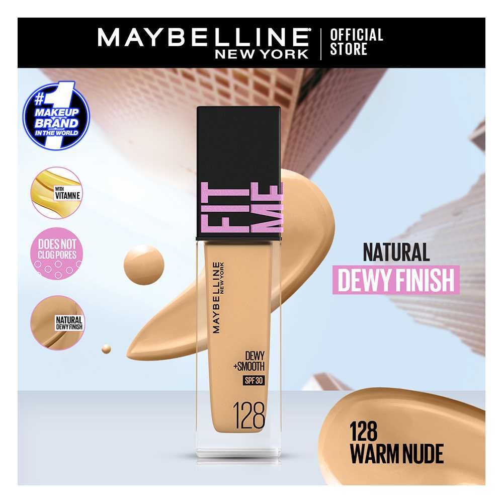 Maybelline New York Fit Me Dewy + Smooth SPF 30 Foundation Pump, 128 Warm Nude, 30ml