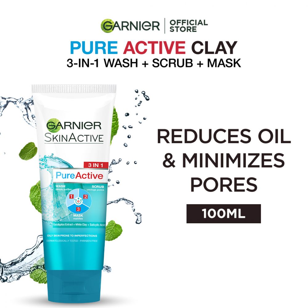 Garnier Skin Active Pure Active 3-in-1 Wash + Scrub +Mask, For Oily Skin, 100ml