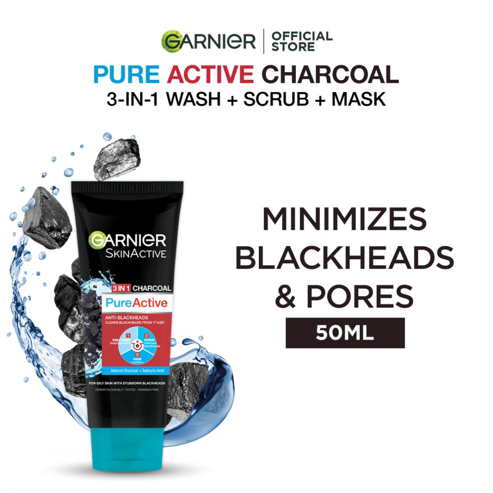 Garnier Skin Active Pure Active Anti-Blackheads 3-in-1 Daily Wash + Scrub + Mask, 50ml