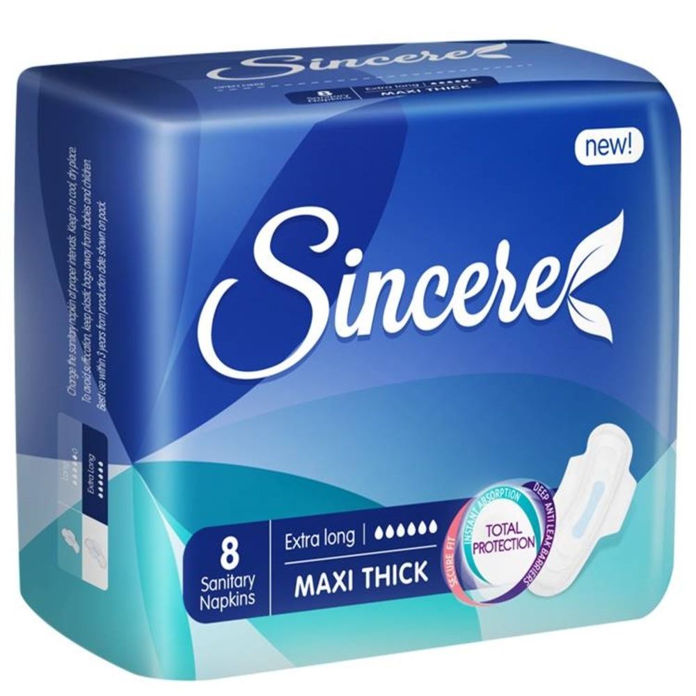 Sincere Maxi Thick Extra Long Sanitary Napkins, 8-Pack