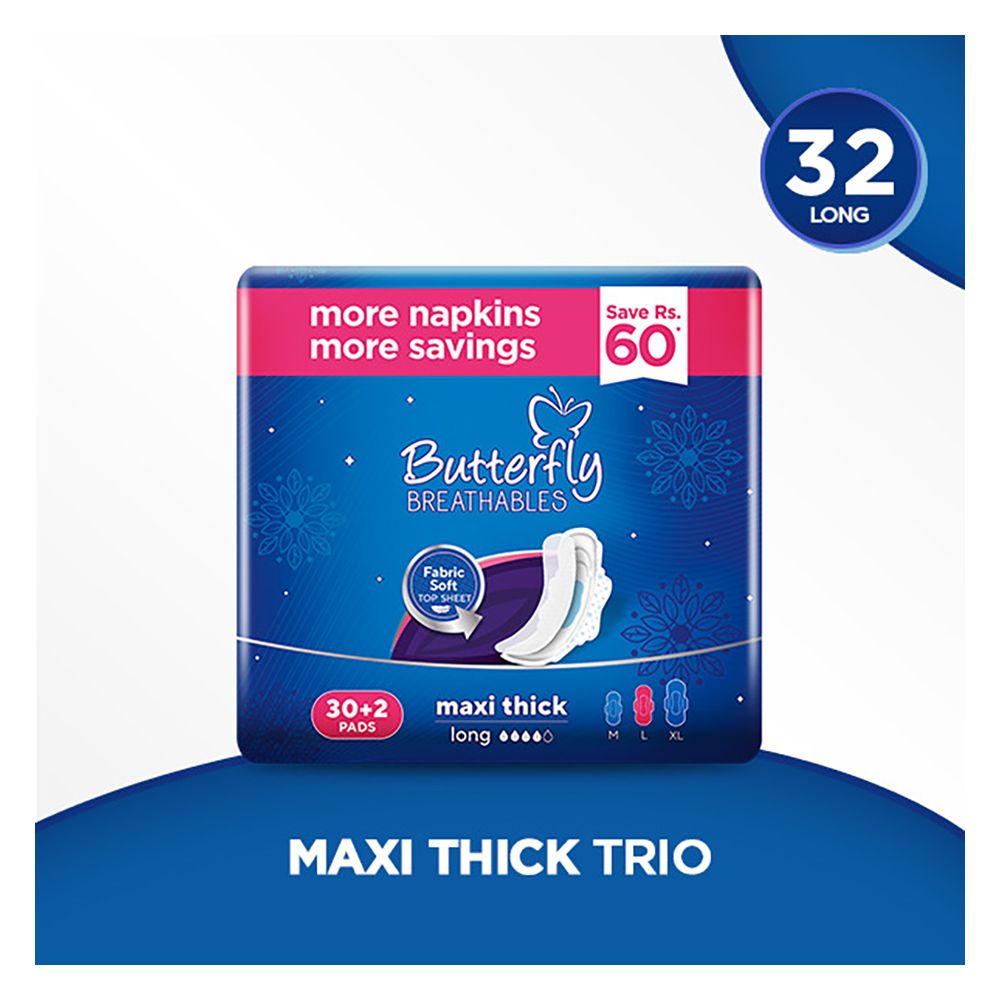 Butterfly Breathables Maxi Thick Trio Long Pads, 30+2 Value Pack