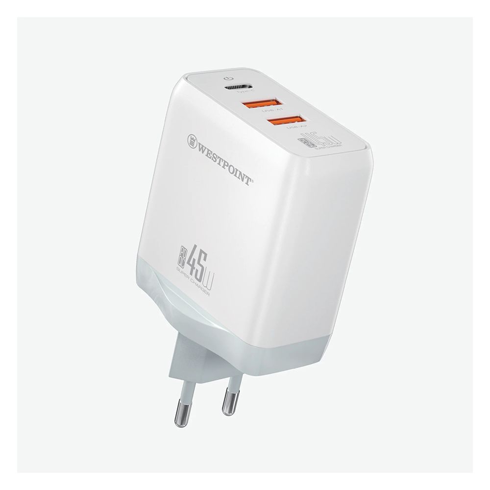 West Point 45W Gan Type-C+Dual USB-A Wall Charger, White, WP-45