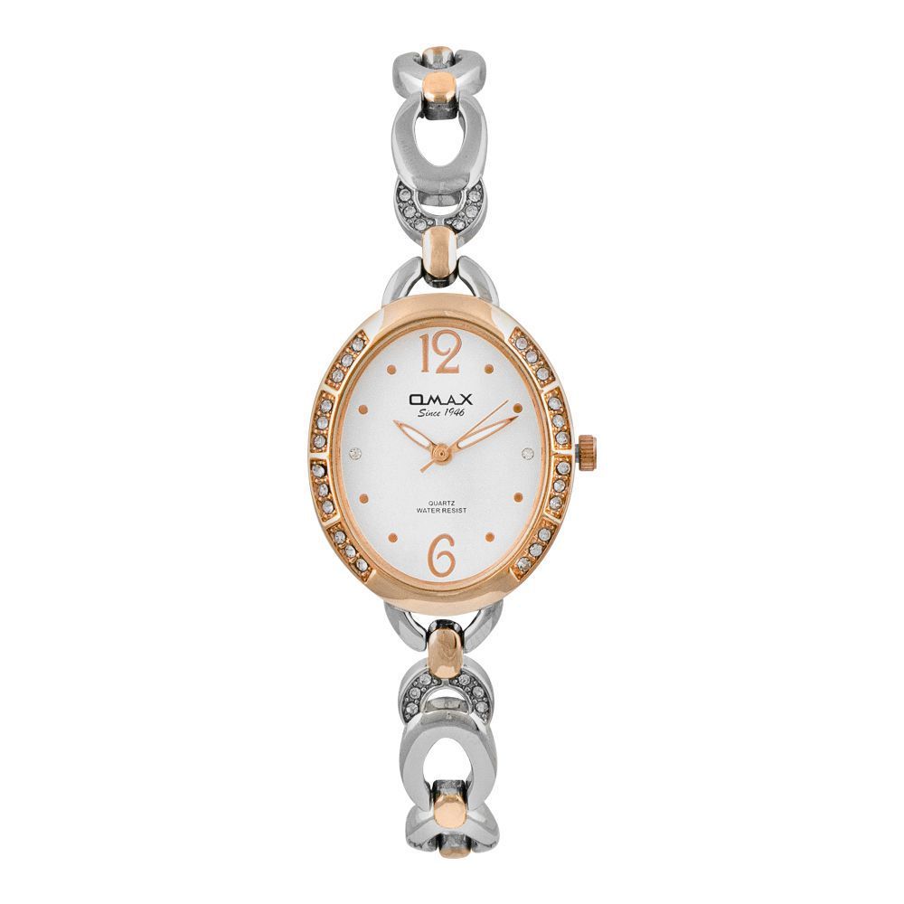 Omax Women's Designed Oval Dial With Designed Two Tone Chain Analog Watch, JES968N008