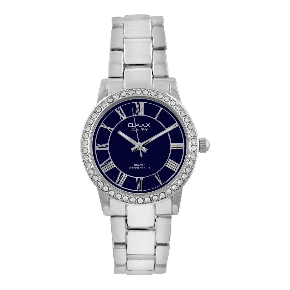 Omax Women's Designed Chrome Round Dial With Navy Blue Background & Bracelet Analog Watch, JED022P004