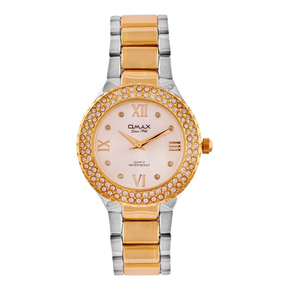 Omax Women's Designed Golden Round Dial With Baby Pink Background & Two Tone Bracelet Analog Watch, JED024N018