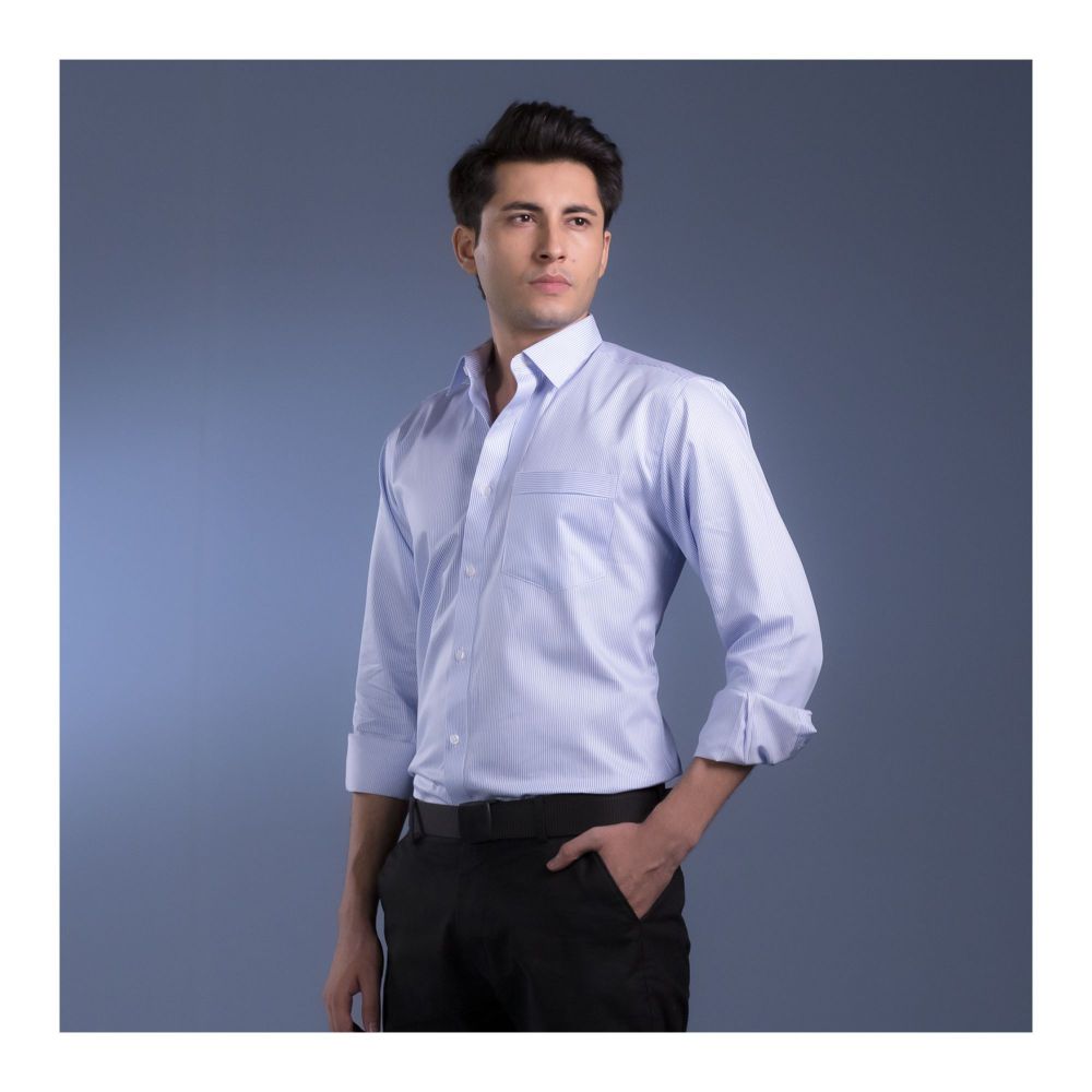 Basix Men's Thin Striped Shirt, Sky Blue & White, MFS-106