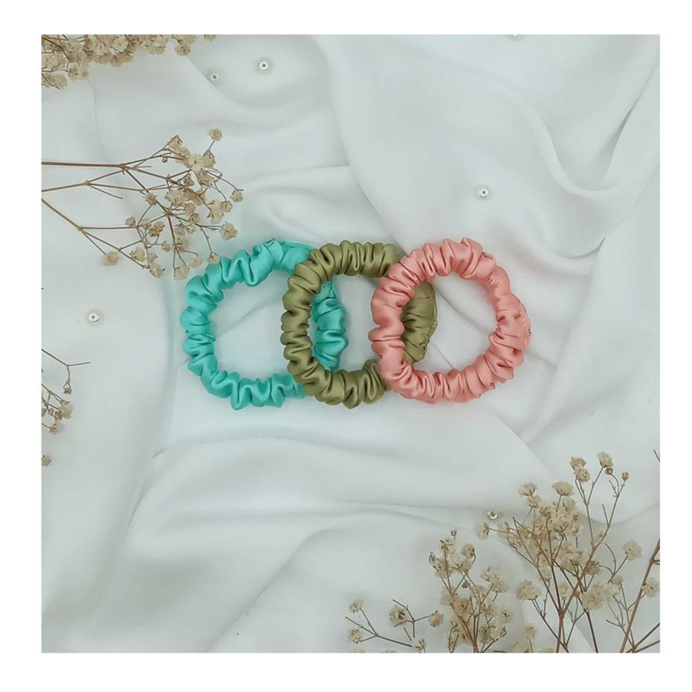 Sandeela Tinies Silk/Chiffon Round Scrunchies, Sea Green/Pistachio Green/Peach, 3-Pack, M01-02-3010