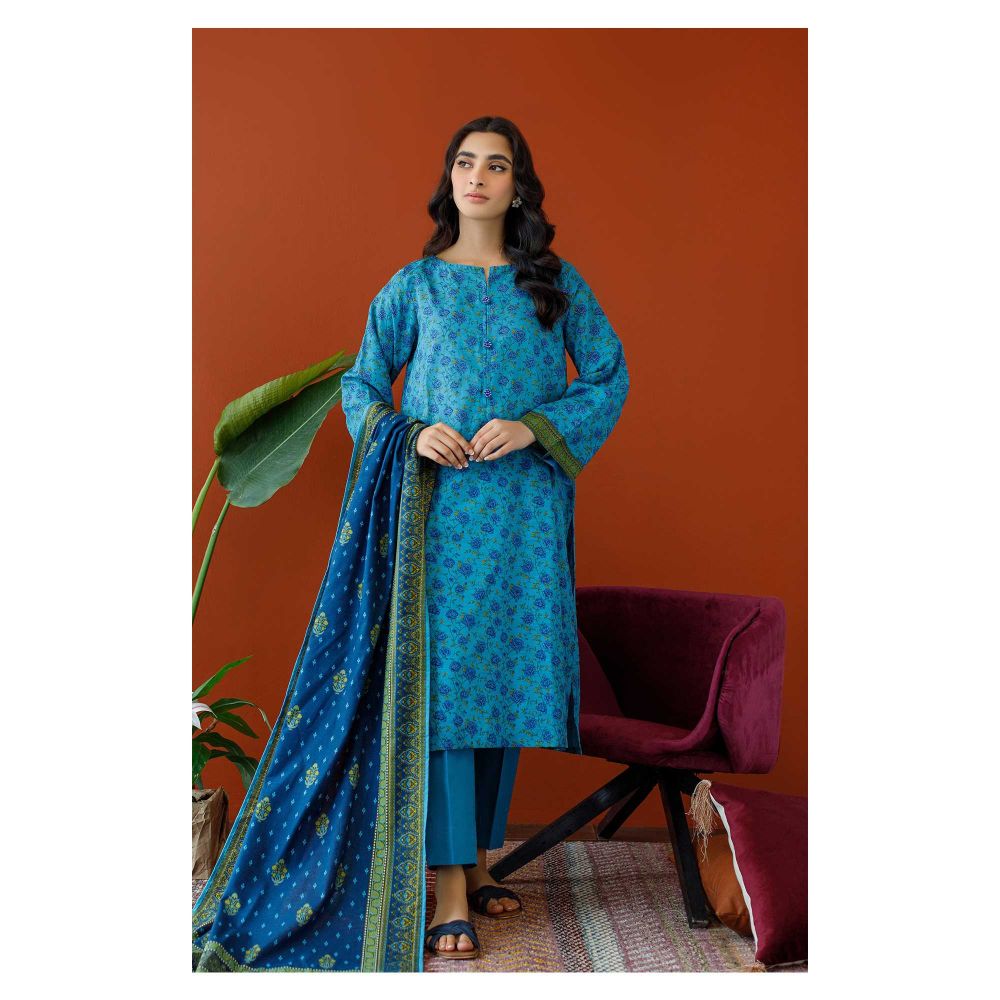 Unstitched 3 Piece Printed Khaddar Shirt, Khaddar Pant & Khaddar Dupatta, Teal, 57781