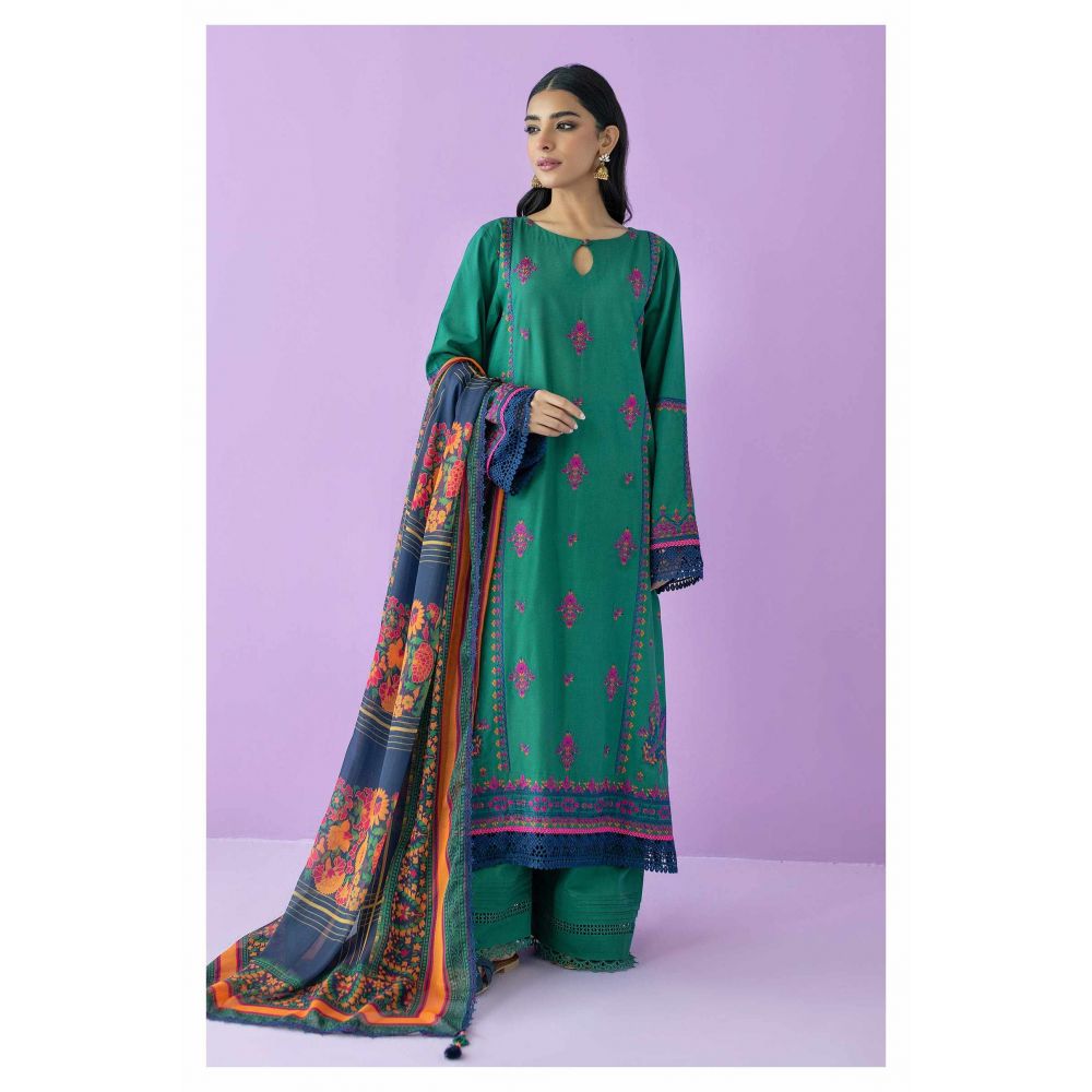 Unstitched 3 Piece Embroidered Lawn Shirt, Cambric Pant and Lawn Dupatta, Green, 55033