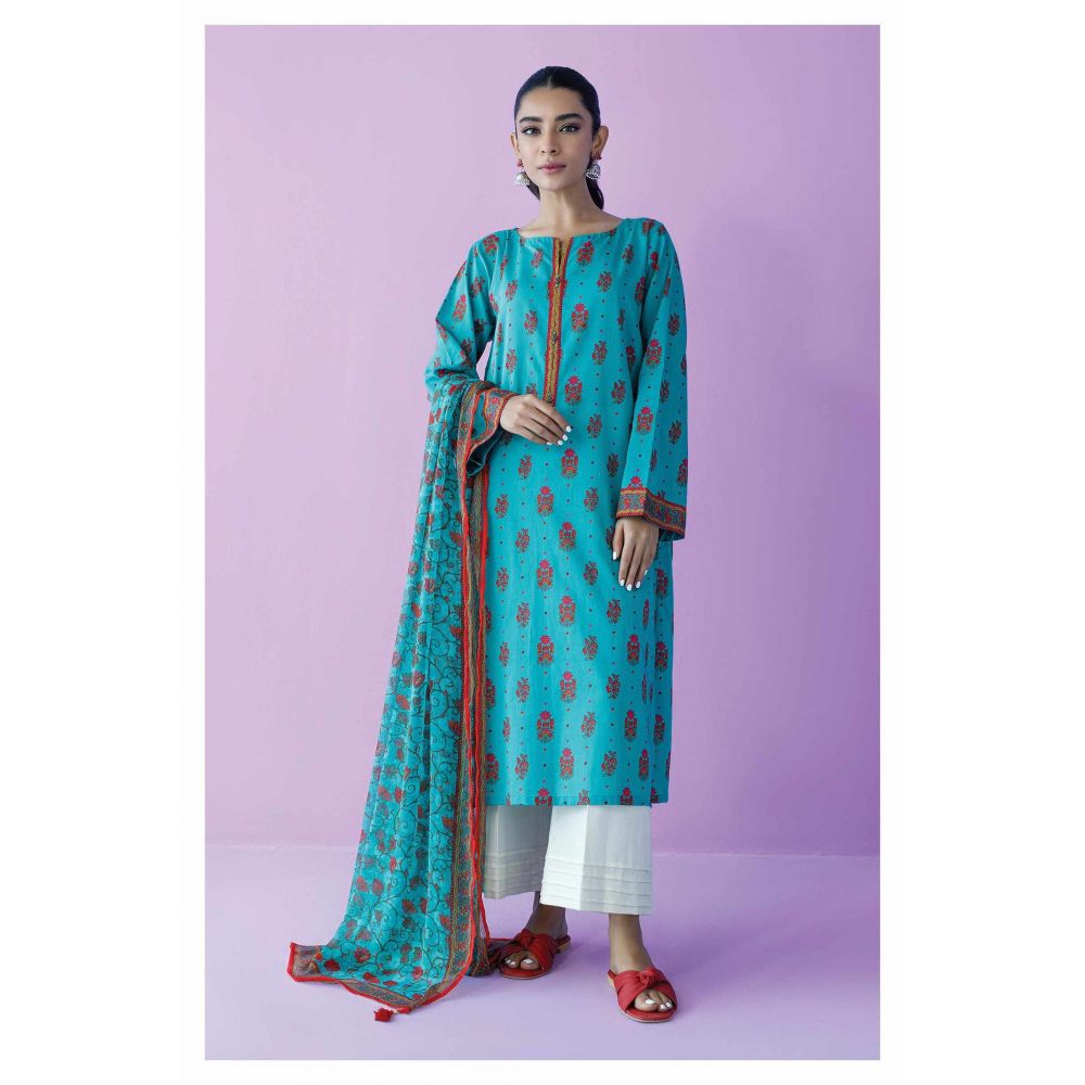 Unstitched 2 Piece Printed Lawn Shirt and Chiffon Dupatta, Teal, 54620