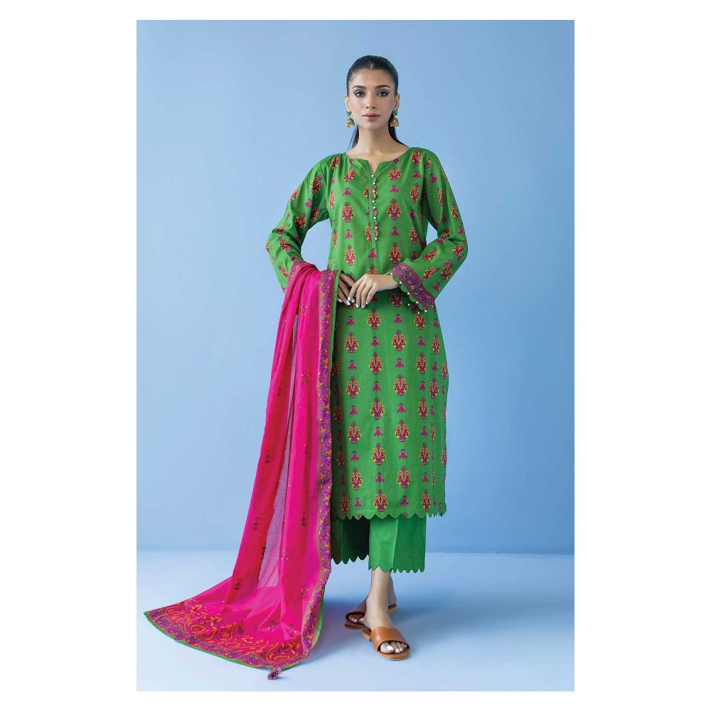 Orient Textile Unstitched 3 Piece Printed Cambric Shirt Cambric Pant & Lawn Dupatta, Green, 56846