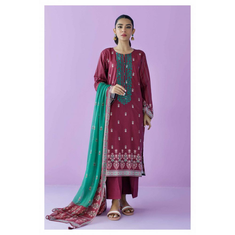 Unstitched 3 Piece Embroidered Lawn Shirt, Cambric Pant and Chiffon Dupatta, Maroon, 54602