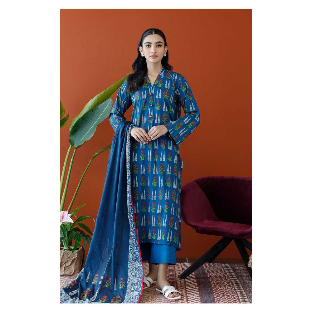 Unstitched 3 Piece Printed Cambric Shirt, Cambric Pant & Lawn Dupatta, Blue, 57803