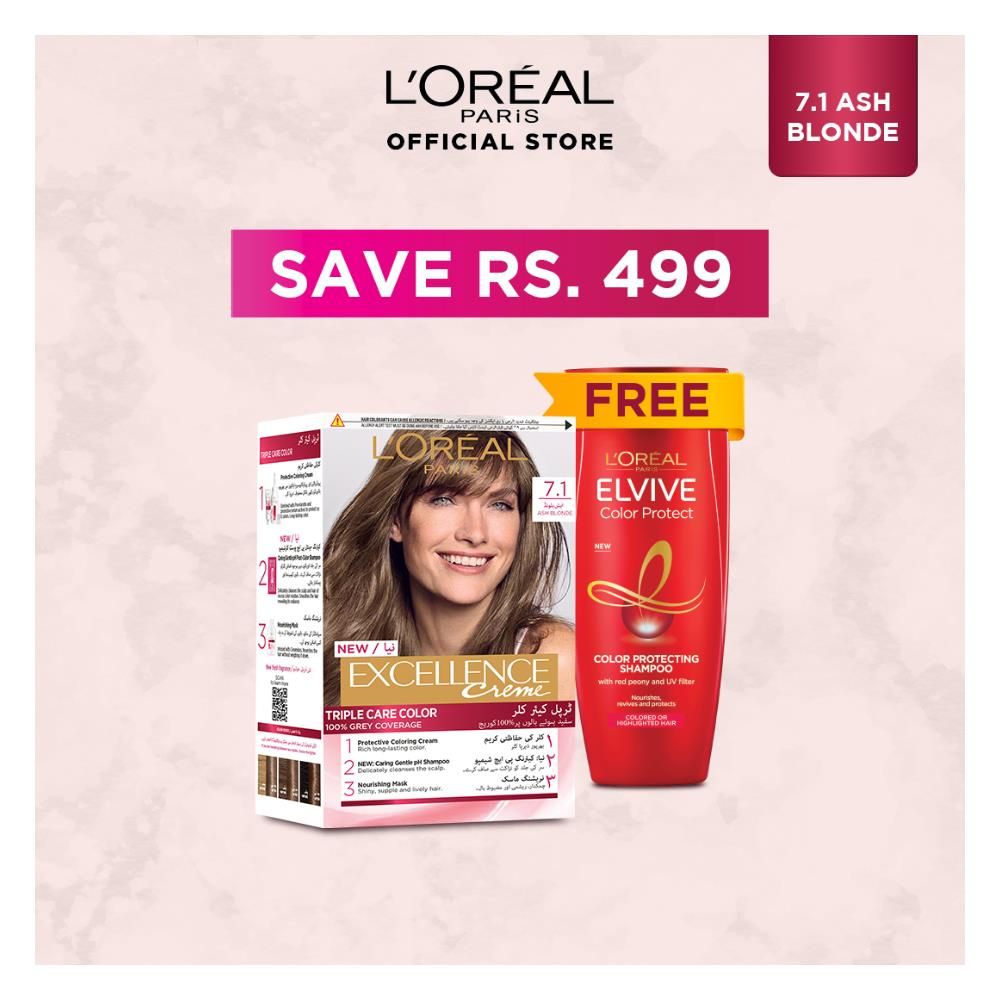 Limited Time Eid Promo, L'Oreal Paris Excllence Hair Colour Ash Blond #7.1 , With Free L'Oreal Paris Color Protect Shampoo, 175ml