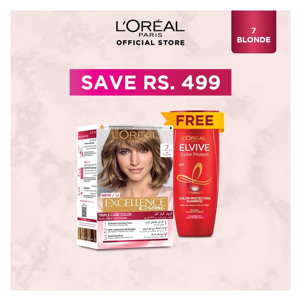 Limited Time Eid Promo, L'Oreal Paris Excllence Hair Colour Blond #7 , With Free L'Oreal Paris Color Protect Shampoo, 175ml