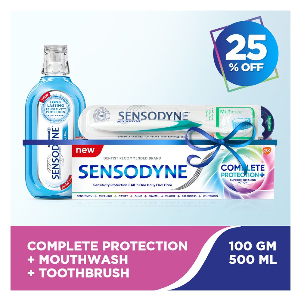 Sensodyne Hygiene Saver Pack, Sensodyne Complete Protection+ Fresh Breath Toothpaste 100g + Sensodyne Cool Mint Mouthwash 500ml + Sensodyne Multi Care Toothbrush, Soft