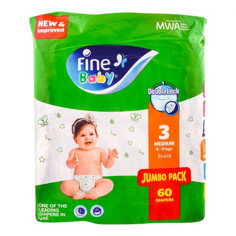 Fine Baby Diapers, Medium, No. 3, 6-11kg, Jumbo Pack, 60-Pack