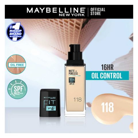 Maybelline Fit Me Matte + Poreless Foundation, 118 Light Beige, 30ml