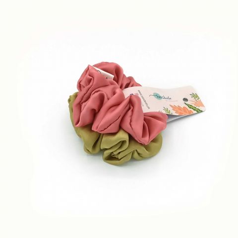 Sandeela Silk Chiffon Classic Scrunchies, Pink & Green, 03-2089