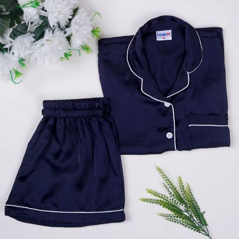 Basix Women's Silk Shirt and Short Pajama Nightwear Set, Navy Blue, SW-101