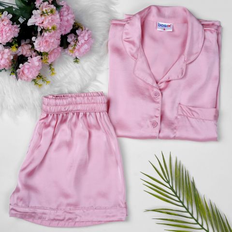 Basix Women's Silk Shirt and Short Pajama Nightwear Set, Rose Pink, SW-102