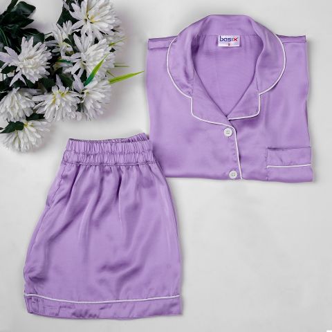 Basix Women's Silk Shirt and Short Pajama Nightwear Set, Lavender, SW-103