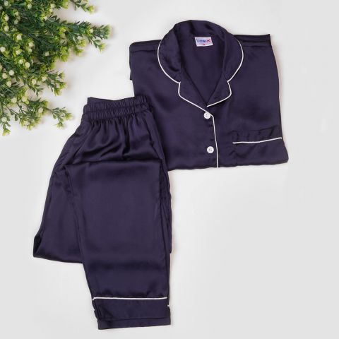 Basix Women's Silk Shirt and Long Pajama Nightwear Set, Navy Blue, SW-107