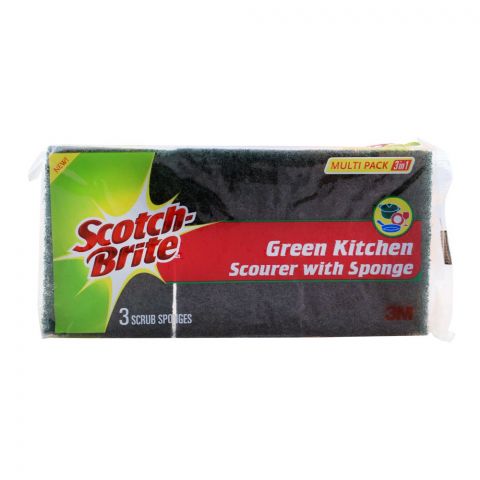 Scotch Brite Green Kitchen Scourer With Sponge Multipack, 3-In-1