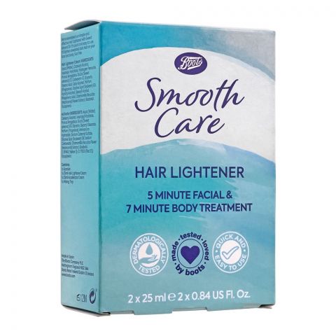 Boots Smooth Care Hair Lightner, 5 Minute Facial & 7 Minute Body Treatment, Quick & Easy To Use, 2x25ml