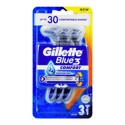 Gillette Blue-3 Comfort Razor, Comfort Gel, Move 40 Degree, For Comfortable Shaves, 3-Pack