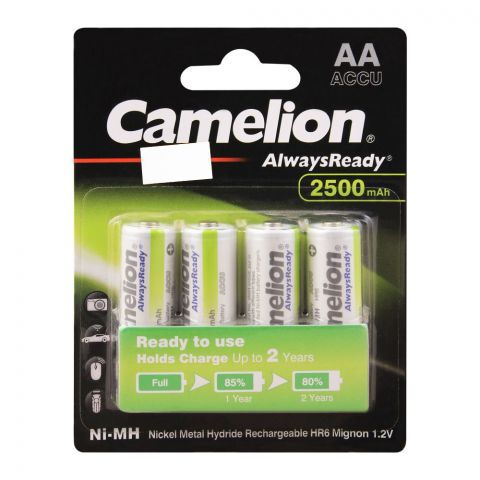 Camelion AlwaysReady AA Ni-MH 2500mAh Rechargeable Battery, 4-Pack, NH-AA2500ARBP4