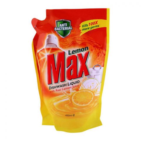Lemon Max Dishwash Liquid, With Real Lemon Juice, Pouch, 450ml