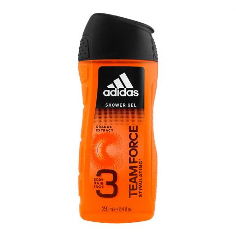 Adidas Team Force Stimulating Body, Hair & Face Shower Gel, Orange Extract, 250ml