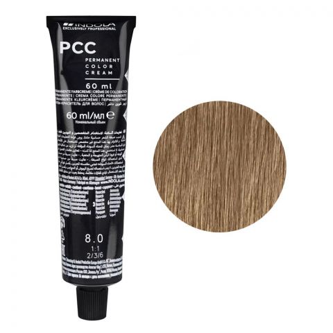 Indola PCC Natural Permanent Hair Color Cream, 60ml, 8.0 Light Blonde