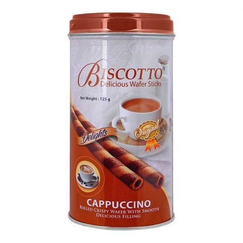 Biscotto Delicious Wafer Stick Tin, Cappuccino Rolled Wafer With Smooth Delicious Filling, 125gm