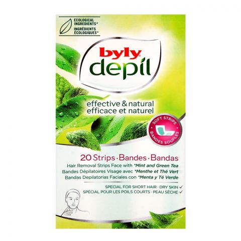 Byly Depil Effective & Natural Mint and Green Tea Hair Removal Face Wax Strips 20-Pack