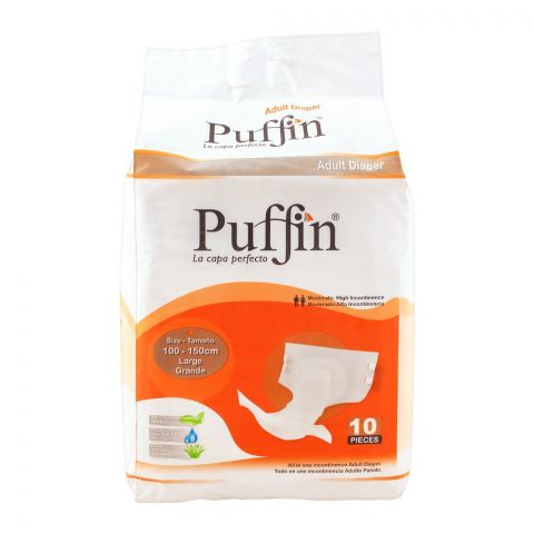 Puffin Adult Diaper, Large, 100-150cm/39-59 Inches, 10-Pack