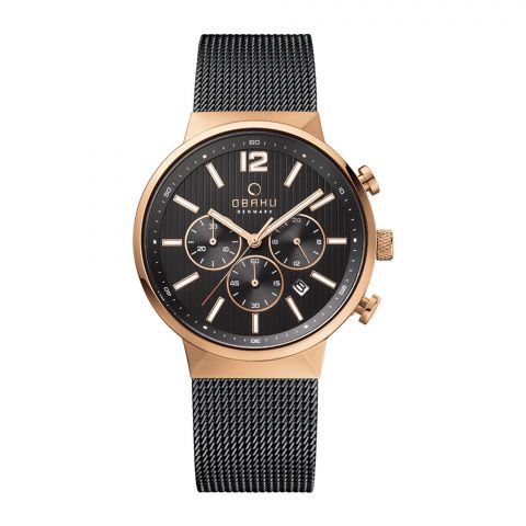 Obaku Men's Denmark Golden Round Dial With Black Bracelet Chronograph Watch, V180GCVBMB