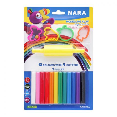 Nara High Quality Modelling Clay, 12 Colors + 4 Cutters + 1 Roller, ST-200+4SM/R