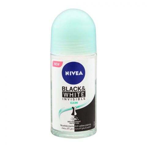 Nivea 48H Black & White Invisible Clean Anti-Perspirant Roll On Deodorant, For Women, 50ml