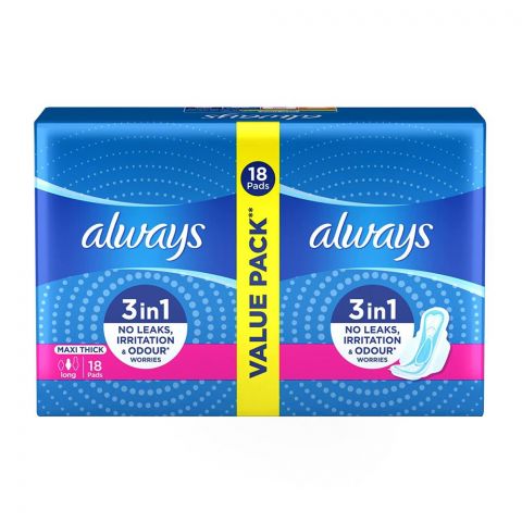Always 3-In-1 Maxi Thick Long Pads, 18 Pads Value Pack