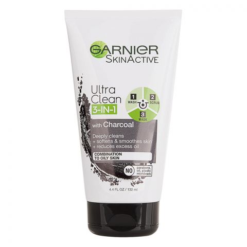 Garnier Skin Active Ultra Clean 3in1 Wash+Scrub+Mask With Charcoal, Paraben Free, 100ml